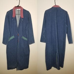 Vintage 90s y2k Blue Green Pink Colorblock Denim Jean Jacket Trench Coat Duster